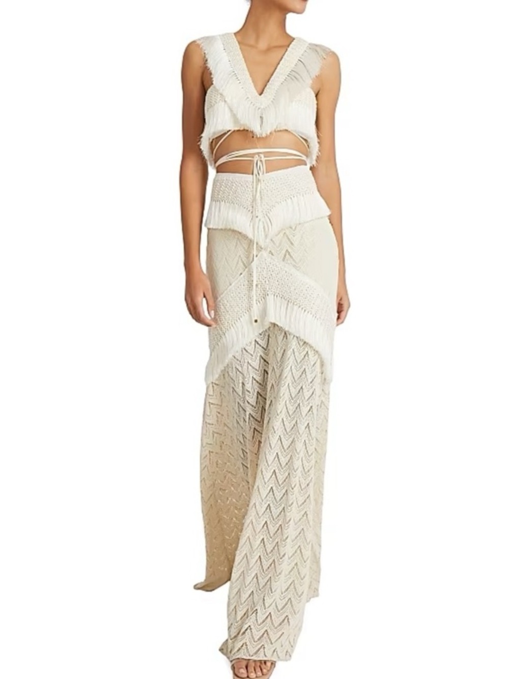 PatBO Cream Crochet Fringe Maxi Skirt Crop top set